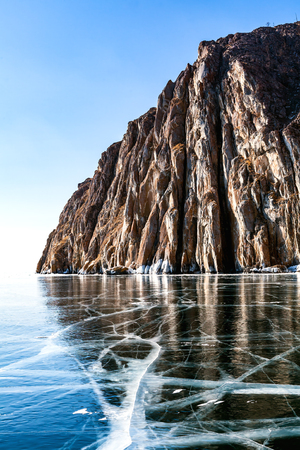 LAKE BAIKAL, OLKHON ISLAND, IRKUTSK REGION, RUSSIA traveling on the iceの写真素材