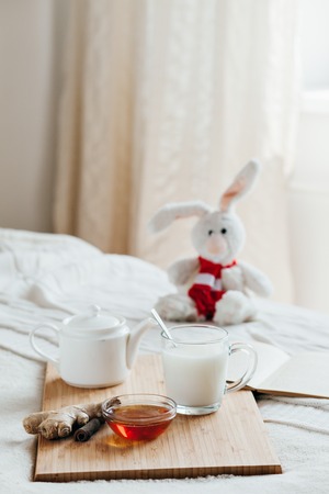 Hot milk in a glass cup and honey on a wooden board. Treatment of children a hot drink. Treatment of folk remedies in bed. Soft toy bunny for your child.の写真素材