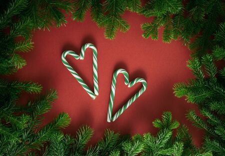 Christmas composition. Branches of spruce, lollipop cane in the form of two hearts on a red background. Christmas, winter, new year concept. Flat lay, top view, copy space.の写真素材