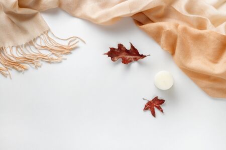 Autumn composition. Cup of coffee and dried leaves on a white background. Autumnal, flat lounger, top view. Copy space.の写真素材