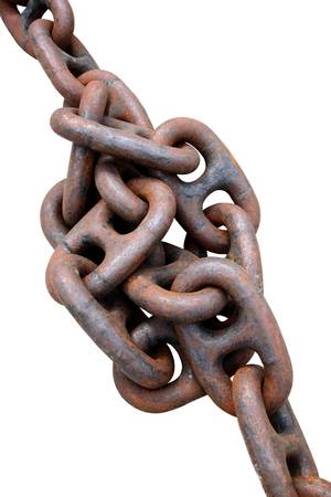 Gordian knot. Old and rusty anchor chain. Isolated on white