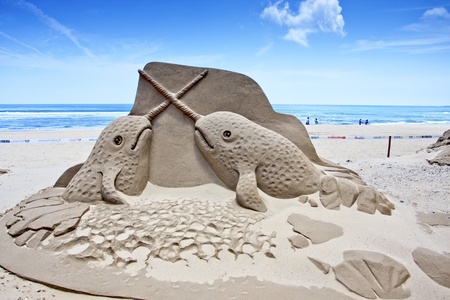 Fulong,Taiwan-May31:a whale sand sculpture at Fulong beach for celebrating the Sand Sculpture Festival on May 31,2011 in Fulong,Taiwanのeditorial素材