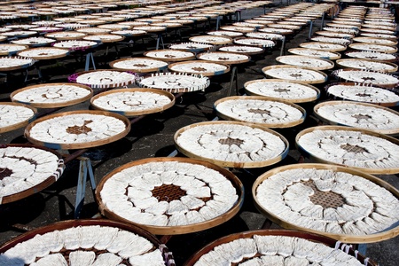 detail view of noodles under fabricate on sunbath at Guan Temple in Tainan,2011 in Taiwan