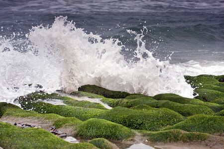 stunning view of surf on green rock at beach in spring,Taiwan
