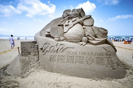 FULONG, TAIWAN-MAY 23,2012:a dragon sand sculpture at Fulong beach for celebrating the Sand Sculpture Festival on May 23,2012 in Fulong,Taiwanのeditorial素材