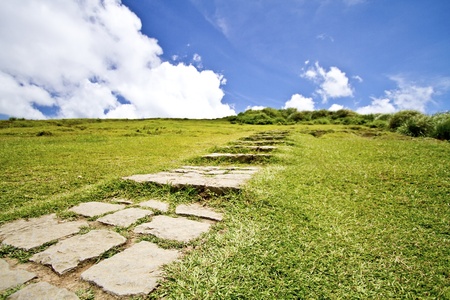 Narrow trail ascending the side of a hill, Taiwanの写真素材