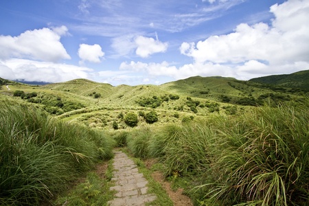 Narrow trail descending the side of a hill, Taiwanの写真素材