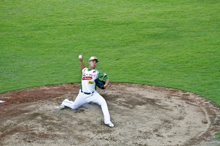 Tianmu, Taiwan - September 1,2012 : Lin, a Sinon Bulls player of CPBL, pitch for the Chinese...
