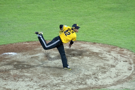Tianmu, Taiwan - September 1,2012 : Tseng, a Brother Elephants pitcher of CPBL, pitch for the Chinese Professional Baseball League game on September 1, 2012 at Tianmu Stadium, Taipei, Taiwan.のeditorial素材