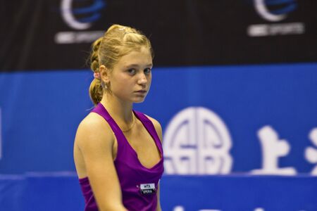 TAIPEI,TAIWAN -October 31,2012:RUS player Irina Khromacheva in 2012 OEC Cup Taipei WTA Ladies Open Tennis Game in Taipei Arena on October 31,2012 in Taipei,Taiwanのeditorial素材
