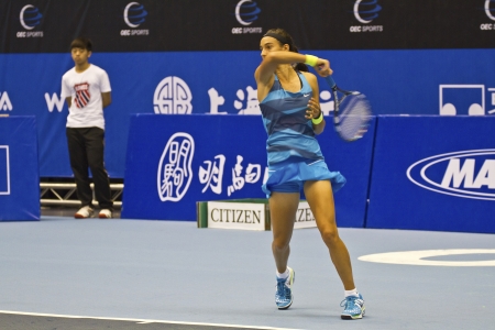 TAIPEI,TAIWAN -October 31,2012:FRA player Caroline Garcia in 2012 OEC Cup Taipei WTA Ladies Open Tennis Game in Taipei Arena on October 31,2012 in Taipei,Taiwanのeditorial素材