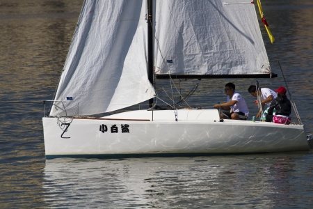 TAIPEI,TAIWAN -November 10,2012:Keel Boat Sailing on river in 2012 Taipei Keel Boat Competition in Dadaocheng Wharf on November 10,2012 in Taipei,Taiwanのeditorial素材