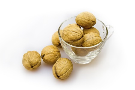 many Walnuts in transparent cup on white background,(Juglans regia)の写真素材