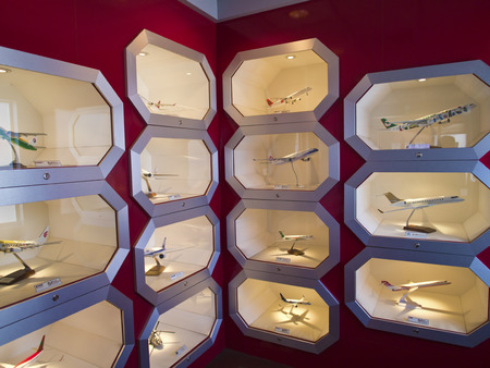 Taipei, Taiwan - JUNE 27, 2015: Airplane Samples display in Observatory room in Taipei Songshan Airport.のeditorial素材