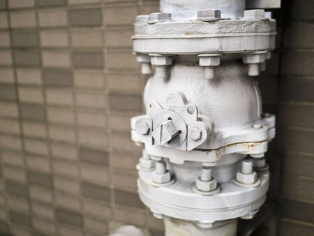 High pressure white steel pipe connection outdoorsの写真素材