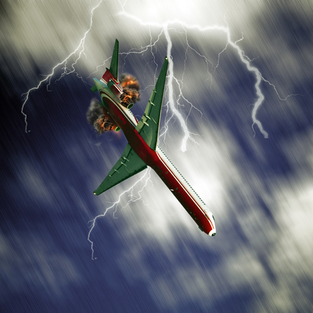 Passenger airplane falling from sky against stormy bolt cloudscapeの写真素材