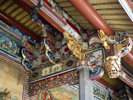 Beautiful Chinese temple roof detail with colorful architectural work in Taipei,Taiwan.のeditorial素材