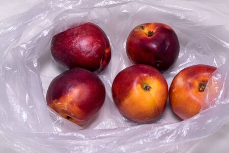 Juicy nectarines in a plastic bag, isolatedの写真素材