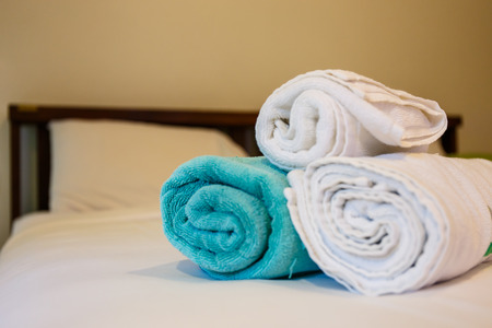 towels in bedroom interiorの写真素材