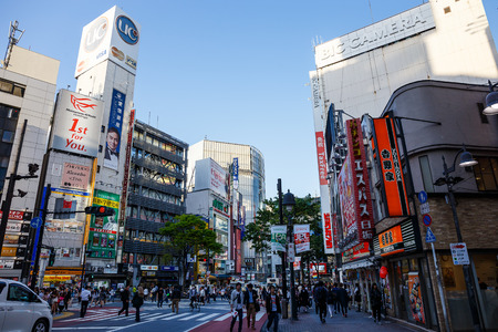 SHIBUYA - TOKYO - JAPAN - May 2, 2017: High angle view of Shibuya Zebra Shifting, one of Tokyo's most famous landmarks, is also an important business district.のeditorial素材