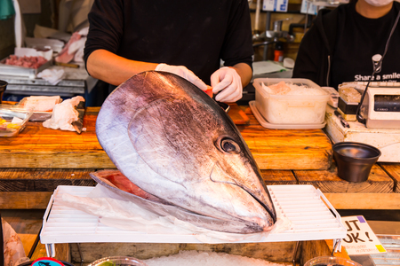 Tokyo, Tsukiji, Japan May 2, 2017: Sushimi Shop at Tsukiji Fish Market in Tokyo, Japan. This is the largest fish and seafood market. It is also another major tourist attraction of Tokyo.のeditorial素材