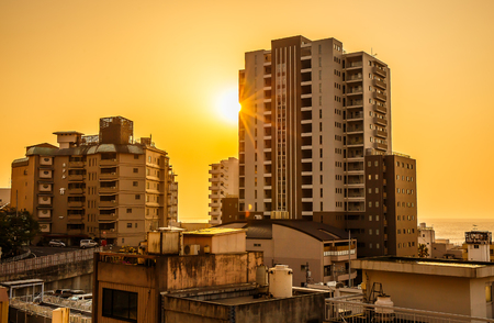 The building with the morning sun in the background.のeditorial素材