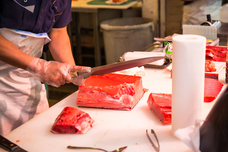 Tokyo, Tsukiji, Japan May 2, 2017: Sushimi Shop at Tsukiji Fish Market in Tokyo, Japan. This is the largest fish and seafood market. It is also another major tourist attraction of Tokyo.のeditorial素材