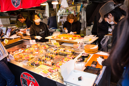 Tokyo, Tsukiji, Japan May 2, 2017: Sushimi Shop at Tsukiji Fish Market in Tokyo, Japan. This is the largest fish and seafood market. It is also another major tourist attraction of Tokyo.のeditorial素材