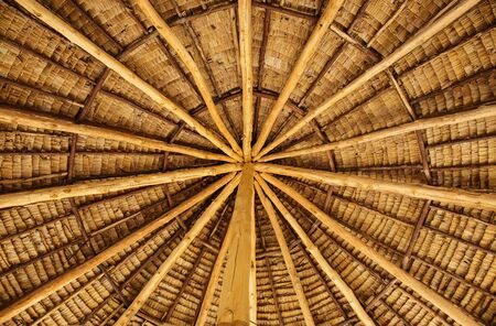 The roof structure is made of woodの写真素材