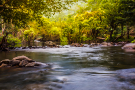 Blurry image mountain river flowing through the green forest.の写真素材