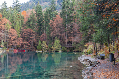 Blausee. One of the best-known mountain lakes in Switzerland. Beautiful crystal-clear color water with green tree around the lake.の写真素材