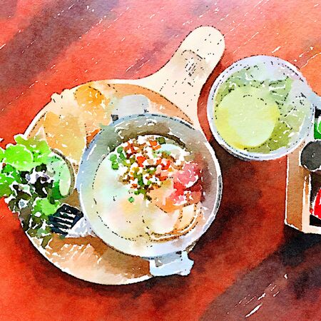Thai style breakfast water color paint. Fired egg, minced pork, thai style sausage, salad and bread.の写真素材
