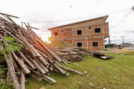 Many Wood molds after had been used in construction work. with sunlightの写真素材