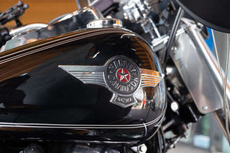Italy, Milan, 05/31/2020, close-up of a black Harley Davidson motorcycle tank. You can see the chromed emblemのeditorial素材