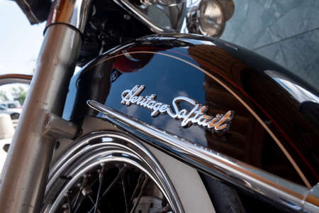 Italy, Milan, 05/31/2020, foreground black front fender harley davidson heritage softail model