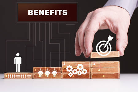 The concept of technology, the Internet and the network. Businessman shows a working model of business: Benefitsの写真素材
