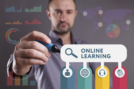 Business, Technology, Internet and network concept. Young businessman working on a virtual screen of the future and sees the inscription: Online learningの写真素材