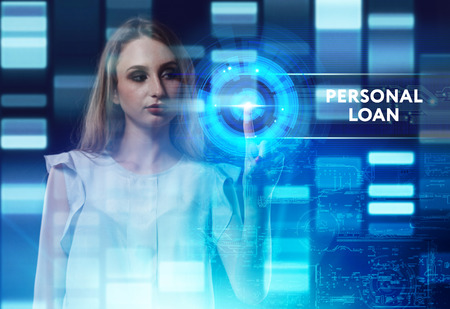 The concept of business, technology, the Internet and the network. A young entrepreneur working on a virtual screen of the future and sees the inscription: Personal loanの写真素材