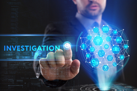 The concept of business, technology, the Internet and the network. A young entrepreneur working on a virtual screen of the future and sees the inscription: Investigationの写真素材