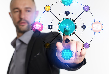 The concept of business, technology, the Internet and the network. A young entrepreneur working on a virtual screen of the future and sees the inscription: Landing pageの写真素材