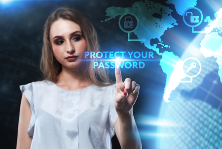 The concept of business, technology, the Internet and the network. A young entrepreneur working on a virtual screen of the future and sees the inscription: Protect your passwordの写真素材