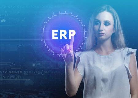 The concept of business, technology, the Internet and the network. A young entrepreneur working on a virtual screen of the future and sees the inscription: ERPの写真素材