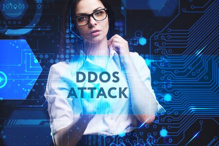 The concept of business, technology, the Internet and the network. A young entrepreneur working on a virtual screen of the future and sees the inscription: Ddos attackの写真素材