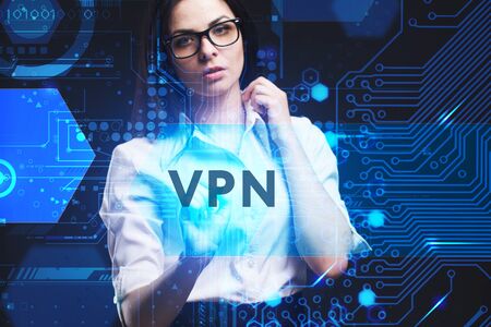 The concept of business, technology, the Internet and the network. A young entrepreneur working on a virtual screen of the future and sees the inscription: VPNの写真素材