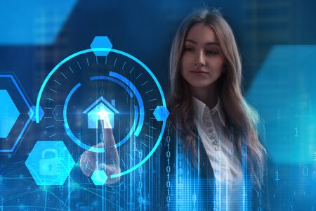 The concept of business, technology, the Internet and the network. A young entrepreneur working on a virtual screen of the future and sees the inscription: homeの写真素材