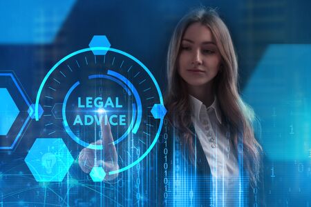 The concept of business, technology, the Internet and the network. A young entrepreneur working on a virtual screen of the future and sees the inscription: Legal adviceの写真素材