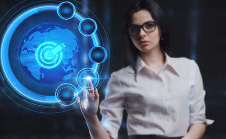 Business, Technology, Internet and network concept. Young businesswoman working on a virtual screen...