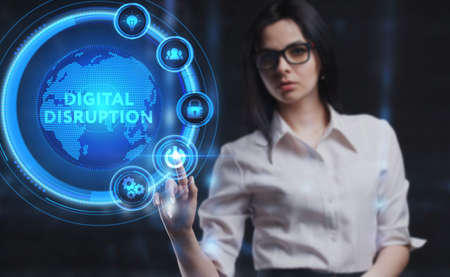 Business, Technology, Internet and network concept. Young businessman working on a virtual screen of the future and sees the inscription: Digital disruptionの写真素材