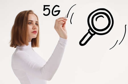 Business, technology, internet and network concept. Young businesswoman thinks over the steps for...