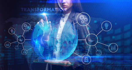 Business, Technology, Internet and network concept. Young businessman working on a virtual screen of the future and sees the inscription:の写真素材